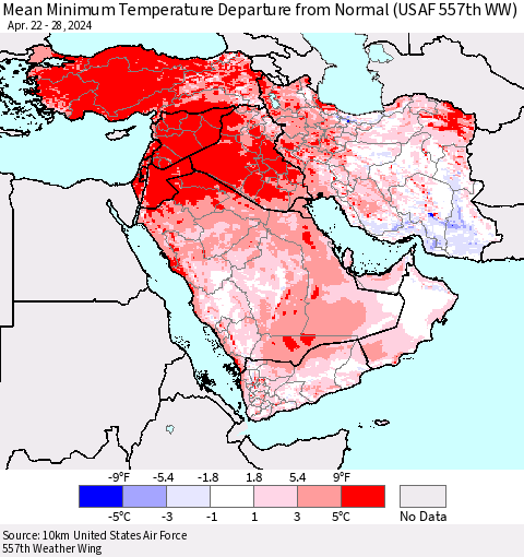 Middle East and Turkey Mean Minimum Temperature Departure from Normal (USAF 557th WW) Thematic Map For 4/22/2024 - 4/28/2024