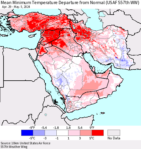 Middle East and Turkey Mean Minimum Temperature Departure from Normal (USAF 557th WW) Thematic Map For 4/29/2024 - 5/5/2024