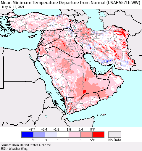 Middle East and Turkey Mean Minimum Temperature Departure from Normal (USAF 557th WW) Thematic Map For 5/6/2024 - 5/12/2024