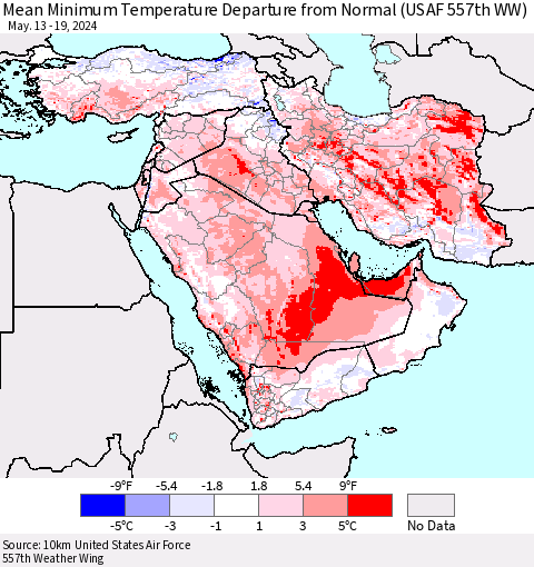 Middle East and Turkey Mean Minimum Temperature Departure from Normal (USAF 557th WW) Thematic Map For 5/13/2024 - 5/19/2024