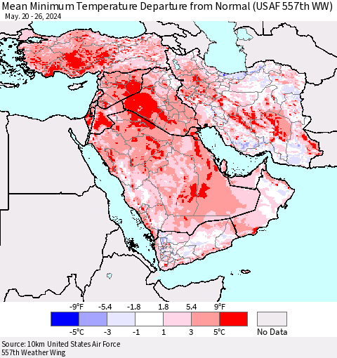 Middle East and Turkey Mean Minimum Temperature Departure from Normal (USAF 557th WW) Thematic Map For 5/20/2024 - 5/26/2024