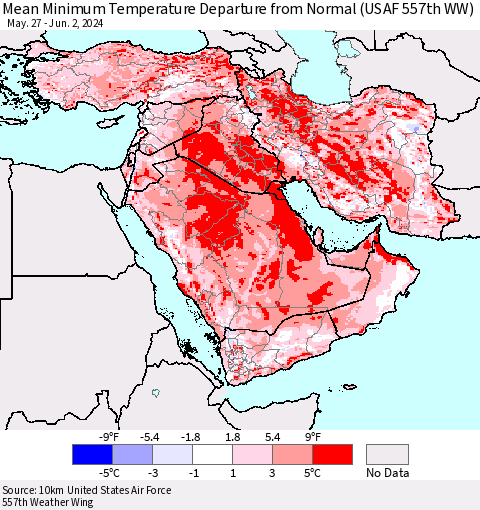 Middle East and Turkey Mean Minimum Temperature Departure from Normal (USAF 557th WW) Thematic Map For 5/27/2024 - 6/2/2024
