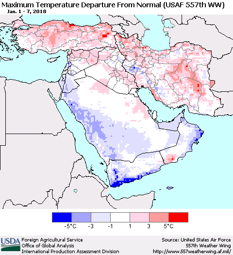 Middle East and Turkey Mean Maximum Temperature Departure from Normal (USAF 557th WW) Thematic Map For 1/1/2018 - 1/7/2018