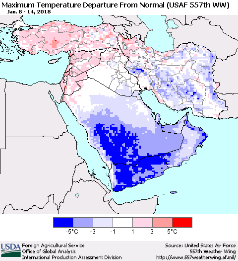 Middle East and Turkey Mean Maximum Temperature Departure from Normal (USAF 557th WW) Thematic Map For 1/8/2018 - 1/14/2018