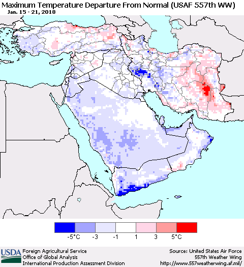 Middle East and Turkey Mean Maximum Temperature Departure from Normal (USAF 557th WW) Thematic Map For 1/15/2018 - 1/21/2018