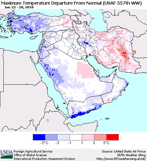 Middle East and Turkey Mean Maximum Temperature Departure from Normal (USAF 557th WW) Thematic Map For 1/22/2018 - 1/28/2018