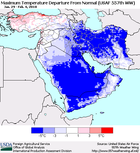 Middle East and Turkey Mean Maximum Temperature Departure from Normal (USAF 557th WW) Thematic Map For 1/29/2018 - 2/4/2018