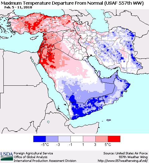 Middle East and Turkey Mean Maximum Temperature Departure from Normal (USAF 557th WW) Thematic Map For 2/5/2018 - 2/11/2018