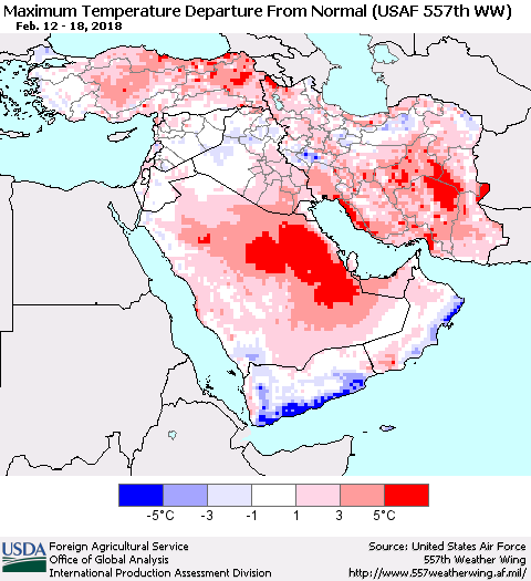 Middle East and Turkey Mean Maximum Temperature Departure from Normal (USAF 557th WW) Thematic Map For 2/12/2018 - 2/18/2018