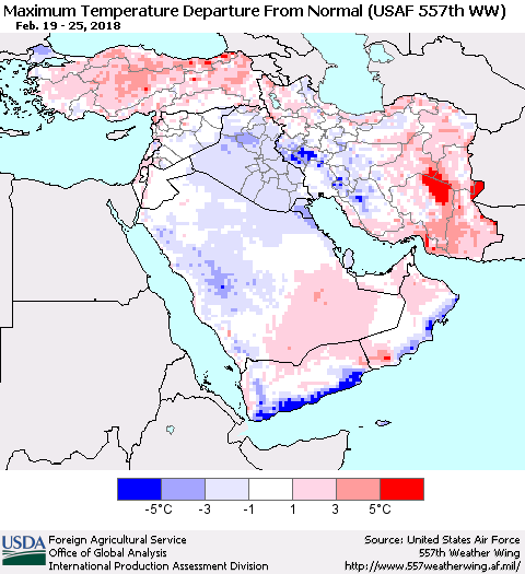 Middle East and Turkey Mean Maximum Temperature Departure from Normal (USAF 557th WW) Thematic Map For 2/19/2018 - 2/25/2018