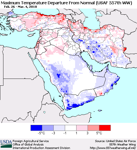 Middle East and Turkey Mean Maximum Temperature Departure from Normal (USAF 557th WW) Thematic Map For 2/26/2018 - 3/4/2018