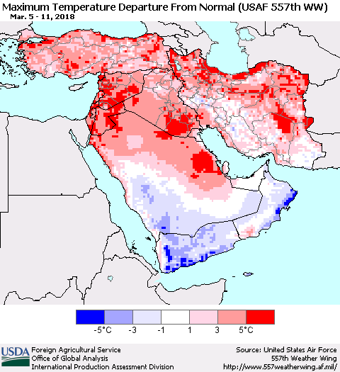 Middle East and Turkey Mean Maximum Temperature Departure from Normal (USAF 557th WW) Thematic Map For 3/5/2018 - 3/11/2018
