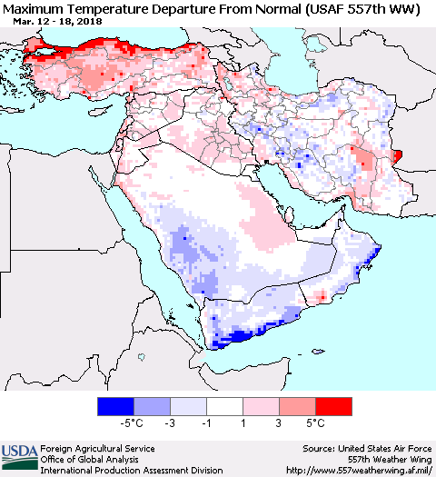 Middle East and Turkey Mean Maximum Temperature Departure from Normal (USAF 557th WW) Thematic Map For 3/12/2018 - 3/18/2018