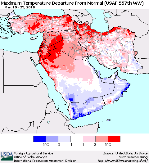 Middle East and Turkey Mean Maximum Temperature Departure from Normal (USAF 557th WW) Thematic Map For 3/19/2018 - 3/25/2018