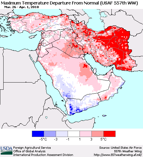 Middle East and Turkey Mean Maximum Temperature Departure from Normal (USAF 557th WW) Thematic Map For 3/26/2018 - 4/1/2018