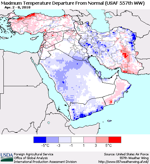 Middle East and Turkey Mean Maximum Temperature Departure from Normal (USAF 557th WW) Thematic Map For 4/2/2018 - 4/8/2018