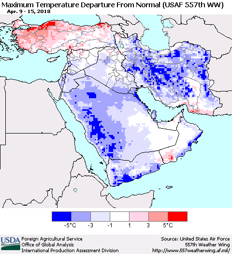 Middle East and Turkey Mean Maximum Temperature Departure from Normal (USAF 557th WW) Thematic Map For 4/9/2018 - 4/15/2018