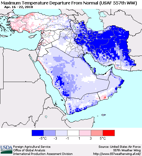 Middle East and Turkey Mean Maximum Temperature Departure from Normal (USAF 557th WW) Thematic Map For 4/16/2018 - 4/22/2018