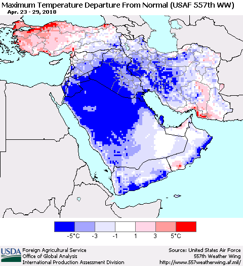 Middle East and Turkey Mean Maximum Temperature Departure from Normal (USAF 557th WW) Thematic Map For 4/23/2018 - 4/29/2018