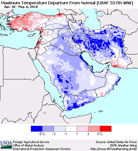 Middle East and Turkey Mean Maximum Temperature Departure from Normal (USAF 557th WW) Thematic Map For 4/30/2018 - 5/6/2018
