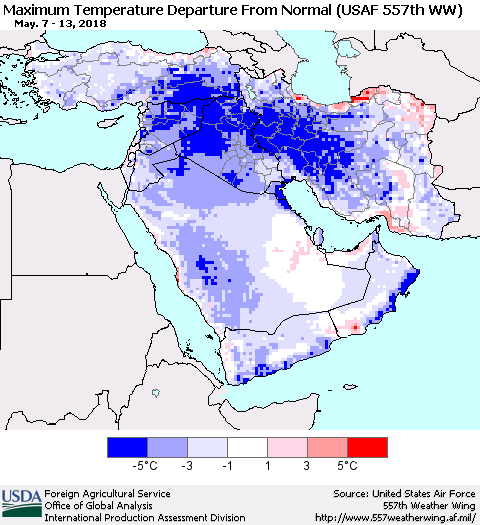 Middle East and Turkey Mean Maximum Temperature Departure from Normal (USAF 557th WW) Thematic Map For 5/7/2018 - 5/13/2018
