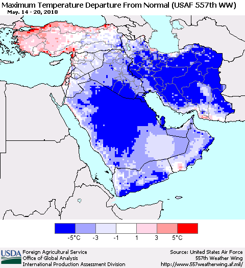 Middle East and Turkey Mean Maximum Temperature Departure from Normal (USAF 557th WW) Thematic Map For 5/14/2018 - 5/20/2018