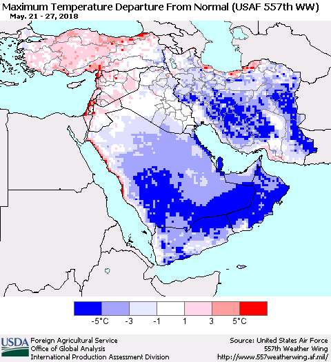 Middle East and Turkey Mean Maximum Temperature Departure from Normal (USAF 557th WW) Thematic Map For 5/21/2018 - 5/27/2018