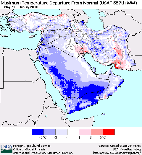 Middle East and Turkey Mean Maximum Temperature Departure from Normal (USAF 557th WW) Thematic Map For 5/28/2018 - 6/3/2018