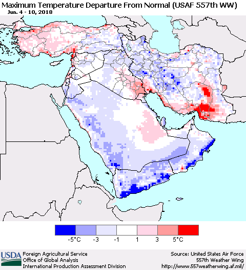 Middle East and Turkey Mean Maximum Temperature Departure from Normal (USAF 557th WW) Thematic Map For 6/4/2018 - 6/10/2018