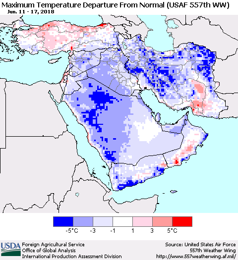 Middle East and Turkey Mean Maximum Temperature Departure from Normal (USAF 557th WW) Thematic Map For 6/11/2018 - 6/17/2018