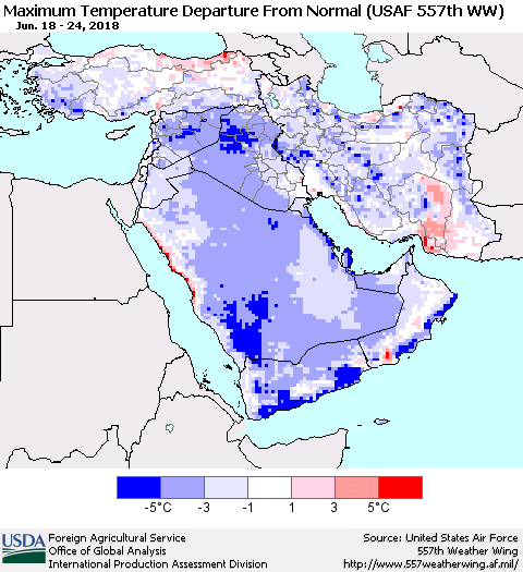 Middle East and Turkey Mean Maximum Temperature Departure from Normal (USAF 557th WW) Thematic Map For 6/18/2018 - 6/24/2018