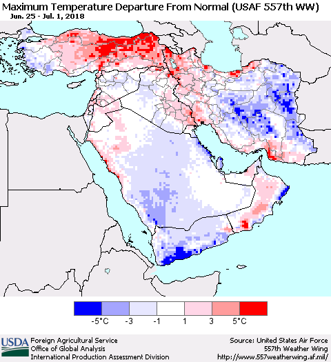 Middle East and Turkey Mean Maximum Temperature Departure from Normal (USAF 557th WW) Thematic Map For 6/25/2018 - 7/1/2018