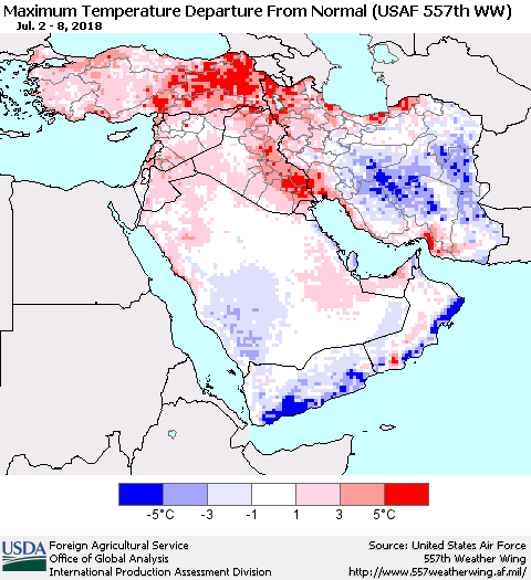 Middle East and Turkey Mean Maximum Temperature Departure from Normal (USAF 557th WW) Thematic Map For 7/2/2018 - 7/8/2018