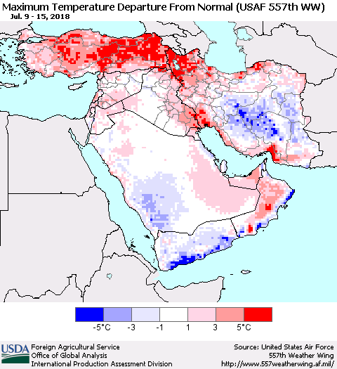 Middle East and Turkey Mean Maximum Temperature Departure from Normal (USAF 557th WW) Thematic Map For 7/9/2018 - 7/15/2018