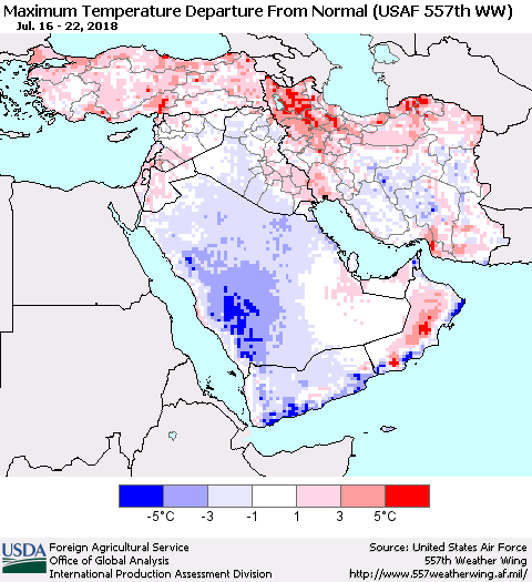 Middle East and Turkey Mean Maximum Temperature Departure from Normal (USAF 557th WW) Thematic Map For 7/16/2018 - 7/22/2018
