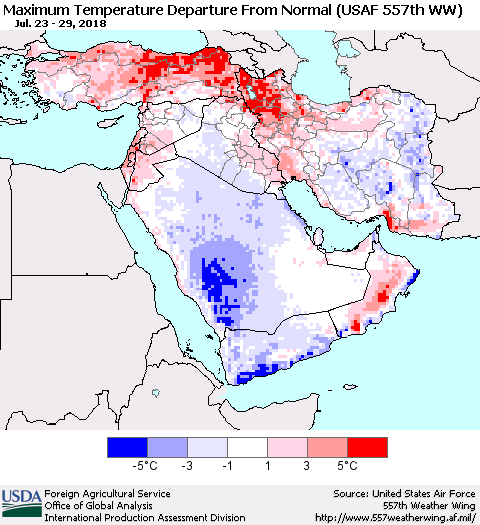 Middle East and Turkey Mean Maximum Temperature Departure from Normal (USAF 557th WW) Thematic Map For 7/23/2018 - 7/29/2018