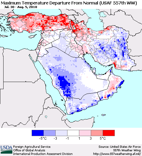 Middle East and Turkey Mean Maximum Temperature Departure from Normal (USAF 557th WW) Thematic Map For 7/30/2018 - 8/5/2018