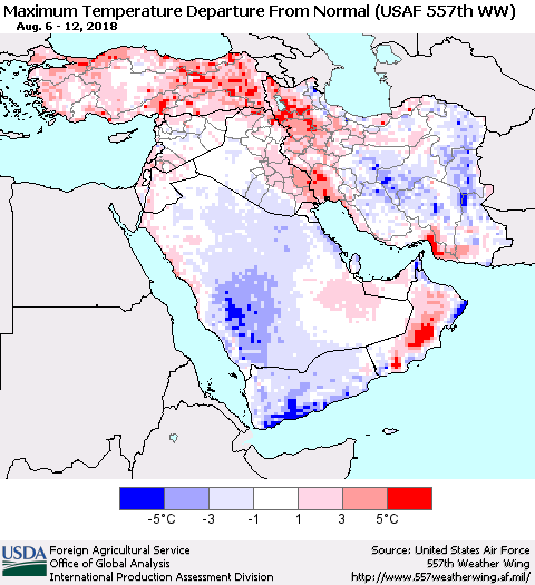 Middle East and Turkey Mean Maximum Temperature Departure from Normal (USAF 557th WW) Thematic Map For 8/6/2018 - 8/12/2018