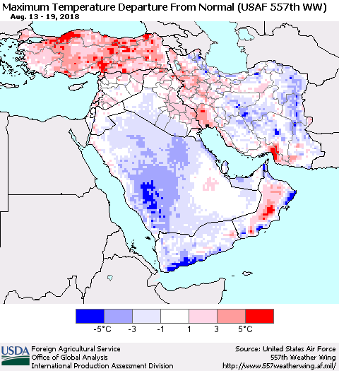 Middle East and Turkey Mean Maximum Temperature Departure from Normal (USAF 557th WW) Thematic Map For 8/13/2018 - 8/19/2018