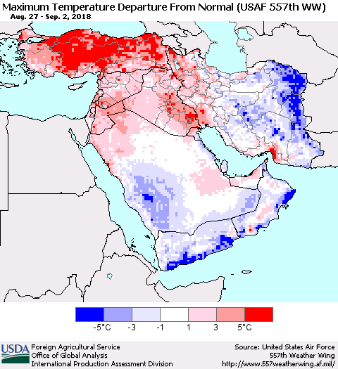 Middle East and Turkey Mean Maximum Temperature Departure from Normal (USAF 557th WW) Thematic Map For 8/27/2018 - 9/2/2018