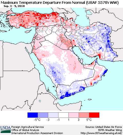 Middle East and Turkey Mean Maximum Temperature Departure from Normal (USAF 557th WW) Thematic Map For 9/3/2018 - 9/9/2018