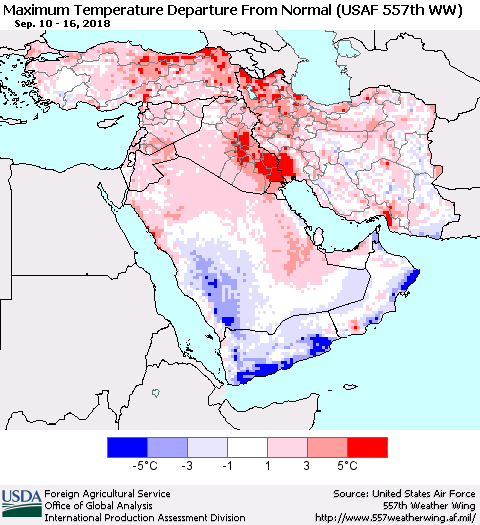 Middle East and Turkey Mean Maximum Temperature Departure from Normal (USAF 557th WW) Thematic Map For 9/10/2018 - 9/16/2018