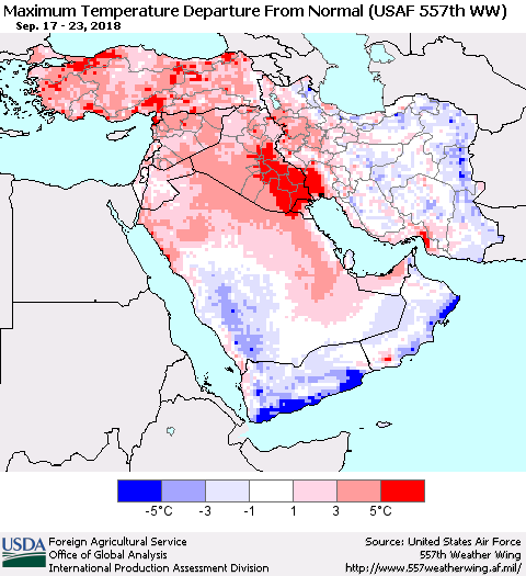 Middle East and Turkey Mean Maximum Temperature Departure from Normal (USAF 557th WW) Thematic Map For 9/17/2018 - 9/23/2018