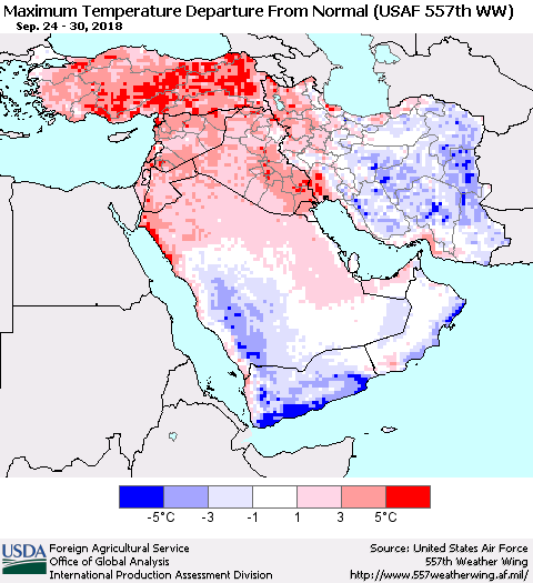 Middle East and Turkey Mean Maximum Temperature Departure from Normal (USAF 557th WW) Thematic Map For 9/24/2018 - 9/30/2018