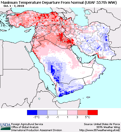 Middle East and Turkey Mean Maximum Temperature Departure from Normal (USAF 557th WW) Thematic Map For 10/1/2018 - 10/7/2018