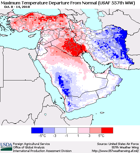 Middle East and Turkey Mean Maximum Temperature Departure from Normal (USAF 557th WW) Thematic Map For 10/8/2018 - 10/14/2018