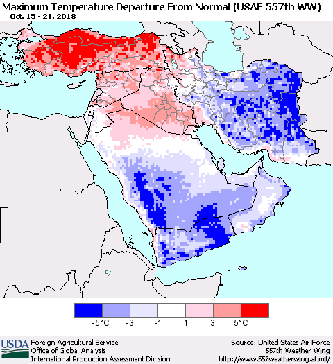 Middle East and Turkey Mean Maximum Temperature Departure from Normal (USAF 557th WW) Thematic Map For 10/15/2018 - 10/21/2018