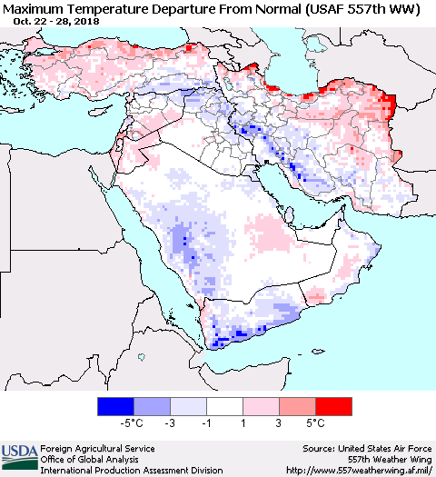Middle East and Turkey Mean Maximum Temperature Departure from Normal (USAF 557th WW) Thematic Map For 10/22/2018 - 10/28/2018