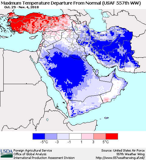 Middle East and Turkey Mean Maximum Temperature Departure from Normal (USAF 557th WW) Thematic Map For 10/29/2018 - 11/4/2018