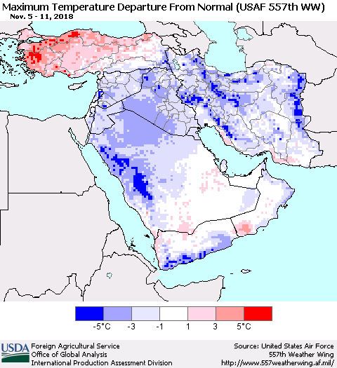 Middle East and Turkey Mean Maximum Temperature Departure from Normal (USAF 557th WW) Thematic Map For 11/5/2018 - 11/11/2018